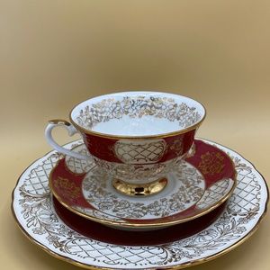 Eberthal tea trio: cup, saucer, plate. Dark pink, gold, roses, fancy VTG Bavaria